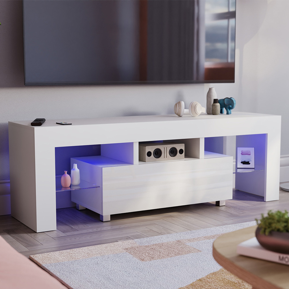 Vida Designs Luna Single Drawer White TV Unit with LED Image 1