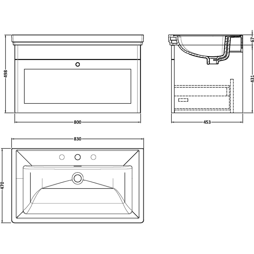 nuie Classique Single Drawer Satin White Wall Hung Vanity Unit and 3 Tap Hole Fireclay Basin 800mm Image 2