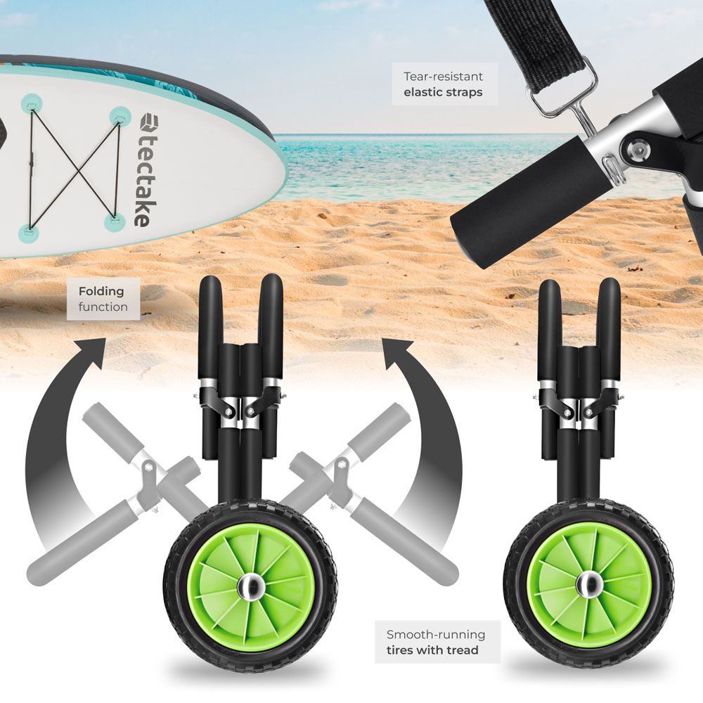 tectake Black and Green Wave Wheel Aluminium Surfboard Trolley Image 3