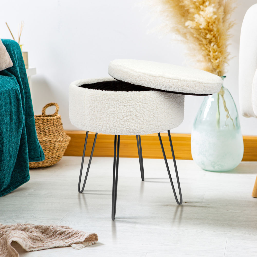 Harbour Housewares Cream and Black Boucle Round Footstool with Storage Image 4