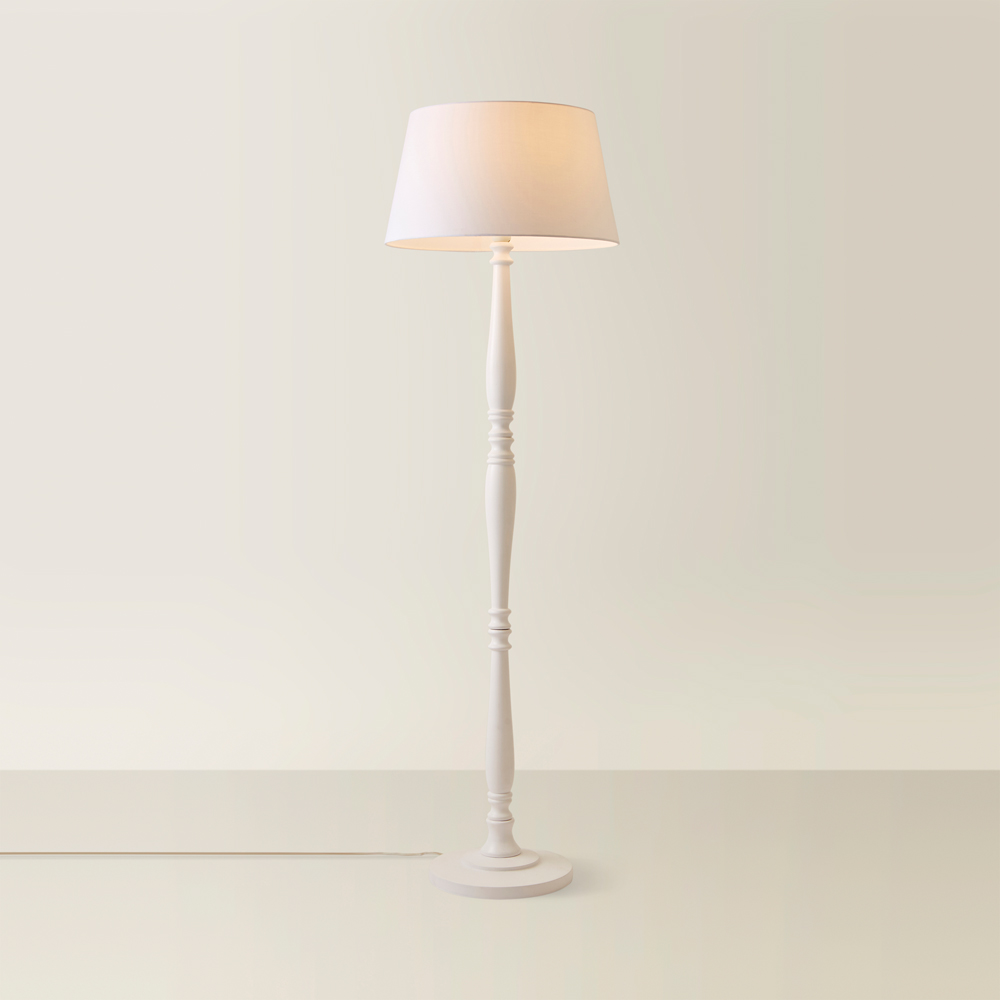 ValueLights Victoria White Fabric Tapered Shade Light Wood Traditional Stem LED Floor Lamp Image 3