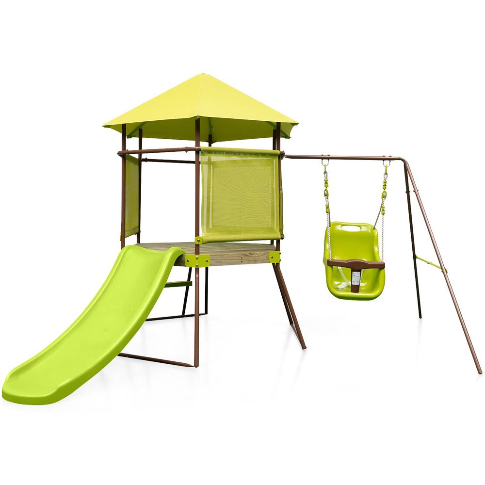 Costway 4 in 1 Green Height Adjustable Baby Seat Swing Set with Metal Stand and Ground Stakes Image 1