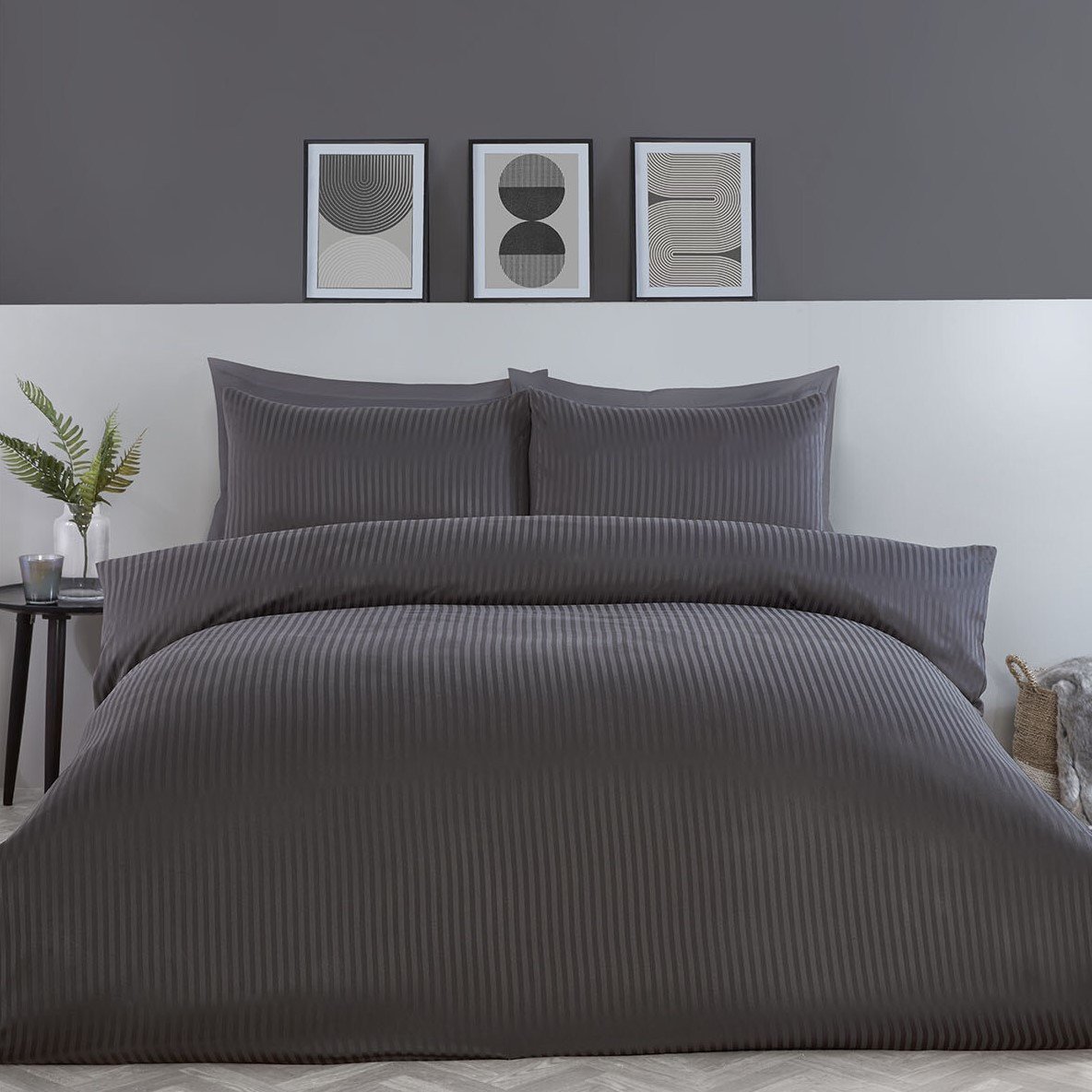 Pimlico Satin Stripe Duvet Set - Charcoal / King Image 1