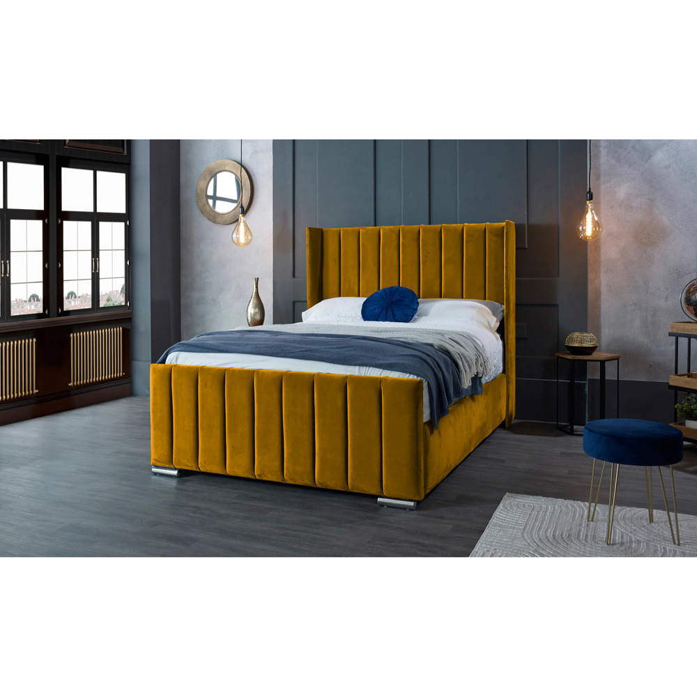 Eleganza Home Meriso Super King Size Mustard Plush Velvet Bed Frame with Winged Headboard Image 2