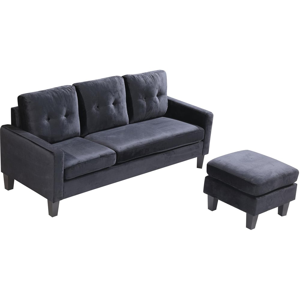 Portland 3 Seater Black Velvet L Shape Reversible Corner Sofa with Ottoman Image 3