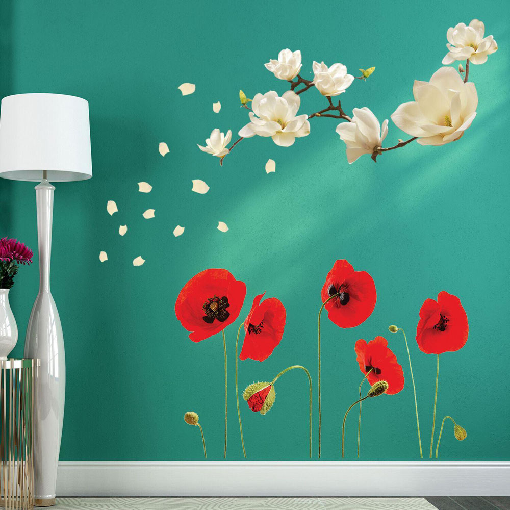 Walplus Flower Theme Magnolia and Poppe White Self Adhesive Wall Stickers Image 1
