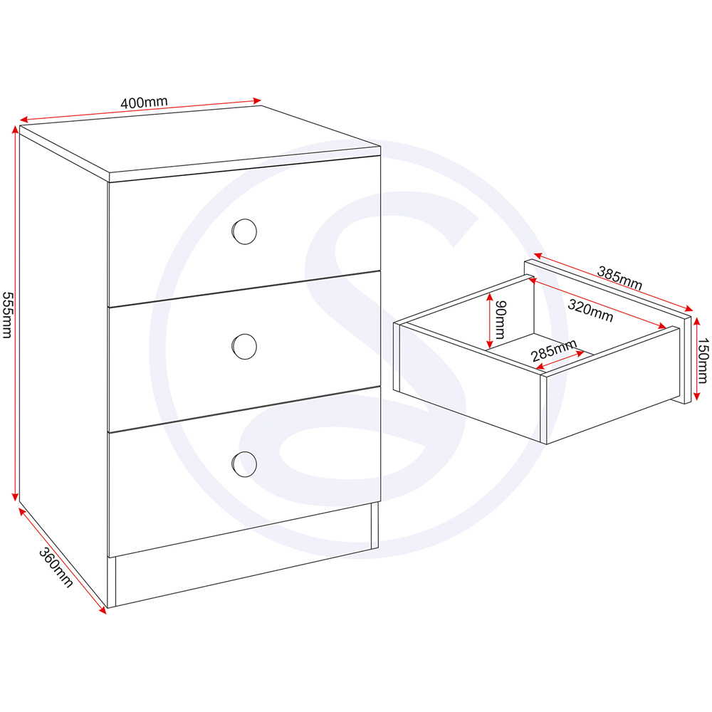 Seconique Denver 3 Drawer White Gloss Bedside Table Image 9