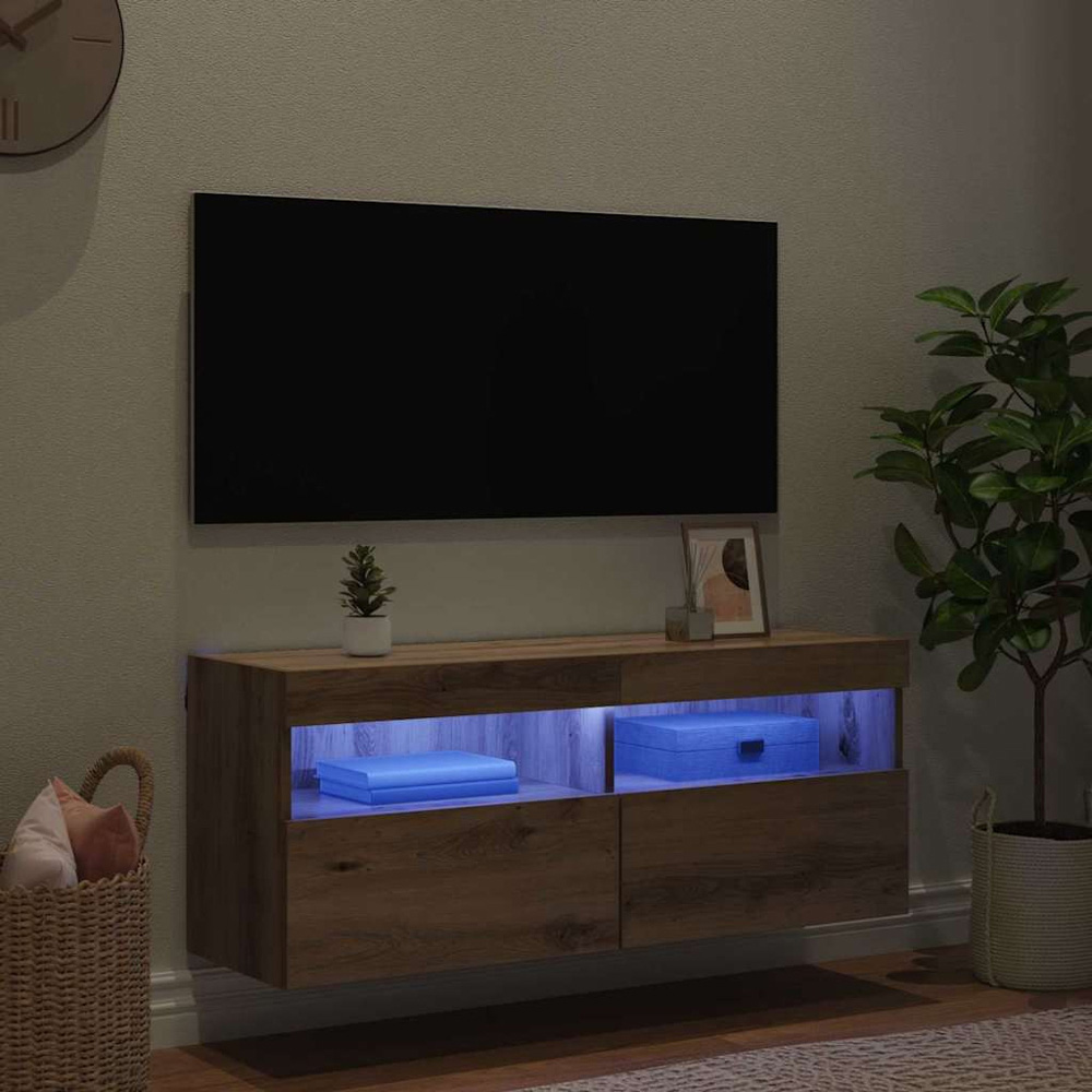 vidaXL 2 Door 2 Shelf Artisan Oak Wall Mounted Wide TV Cabinet with LED Light Image 5