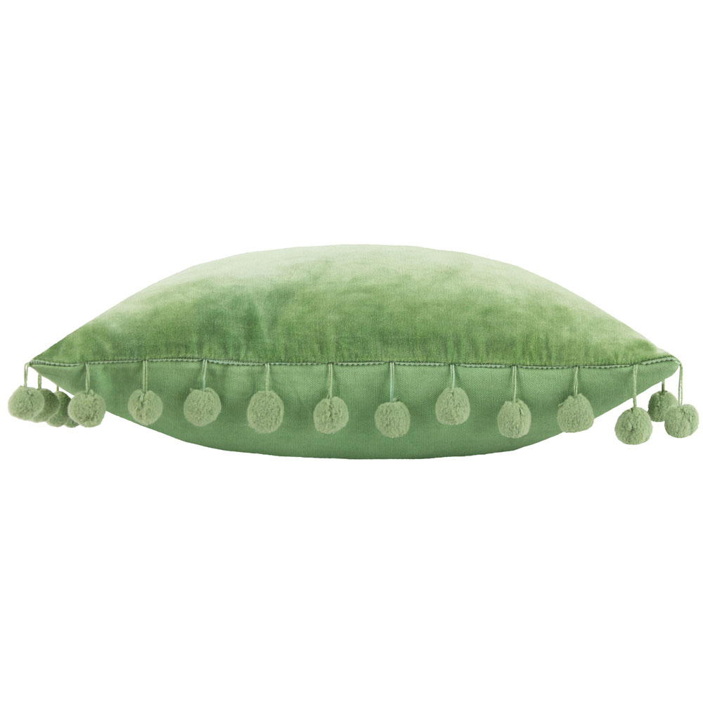 furn. Dora Square Leaf Green Velvet Pom Pom Cushion Image 3