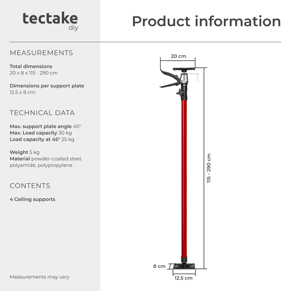 tectake Red Adjustable Ceiling Support Shore Holder Plasterboard Props 115 to 290cm 4 Pack Image 8