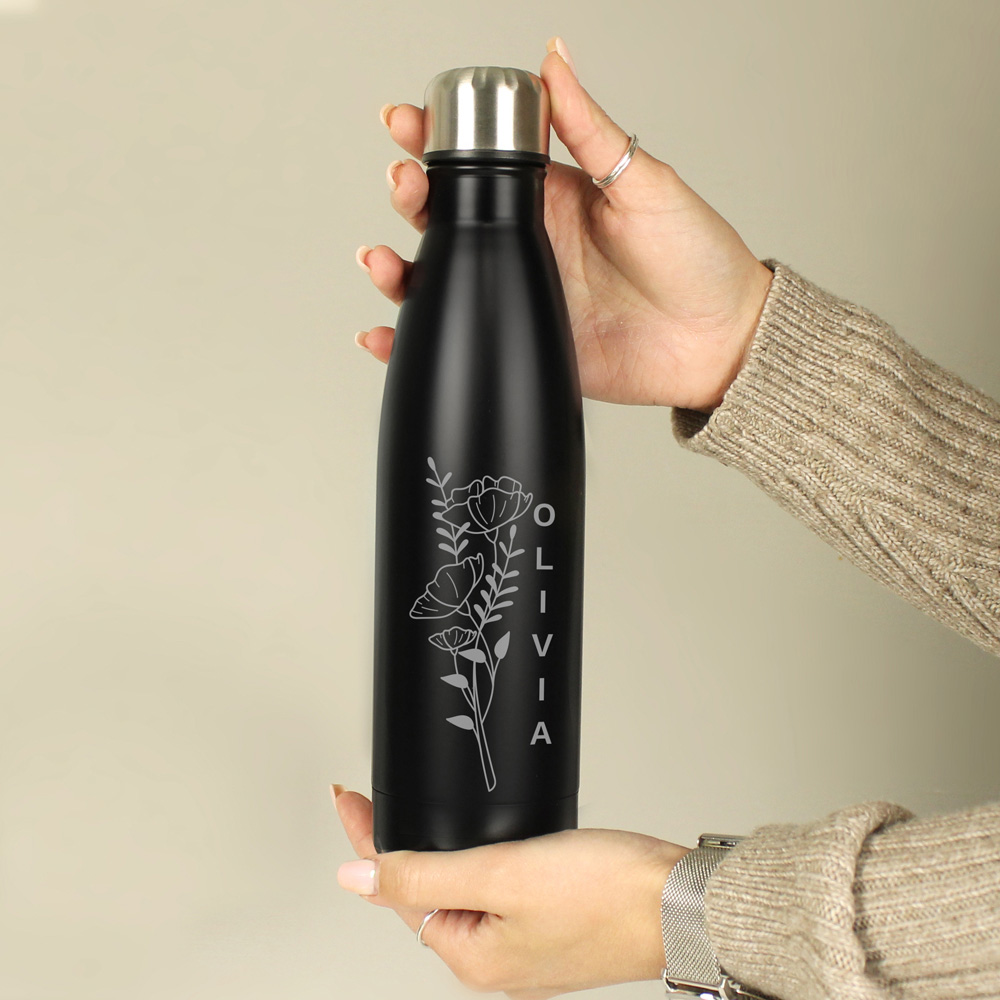 Personalised Memento Floral Black Metal Insulated Drinks Bottle 500ml Image 3