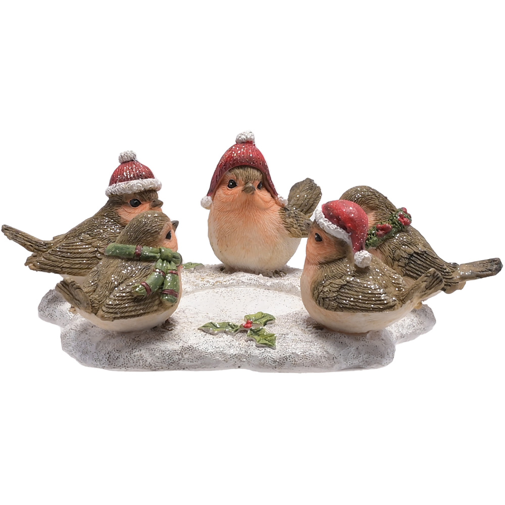 The Christmas Gift Co Brown Five Robin Figurine Tealight Holder Image 1