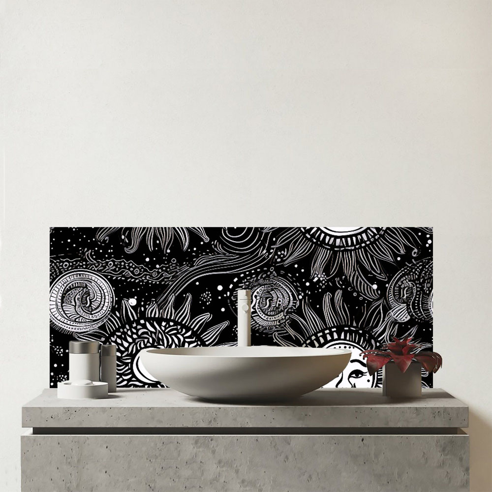 Warren Reed Designer Moon and Sun White Black Glass Bathroom Splashback 25 x 60cm Image 1