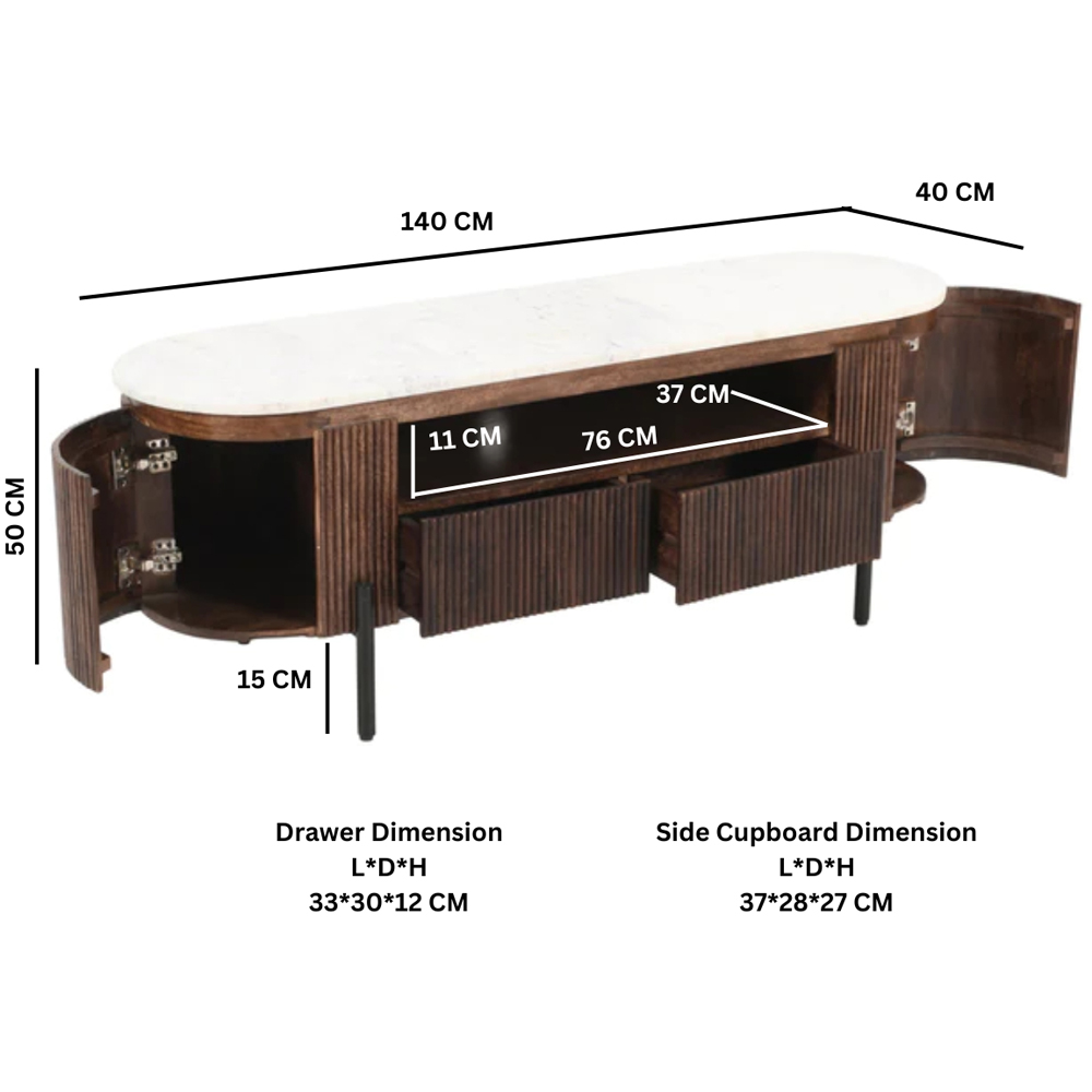 Brooklyn Opal 2 Door 2 Drawer Single Shelf Marble Top Mango Wood TV Unit Image 5