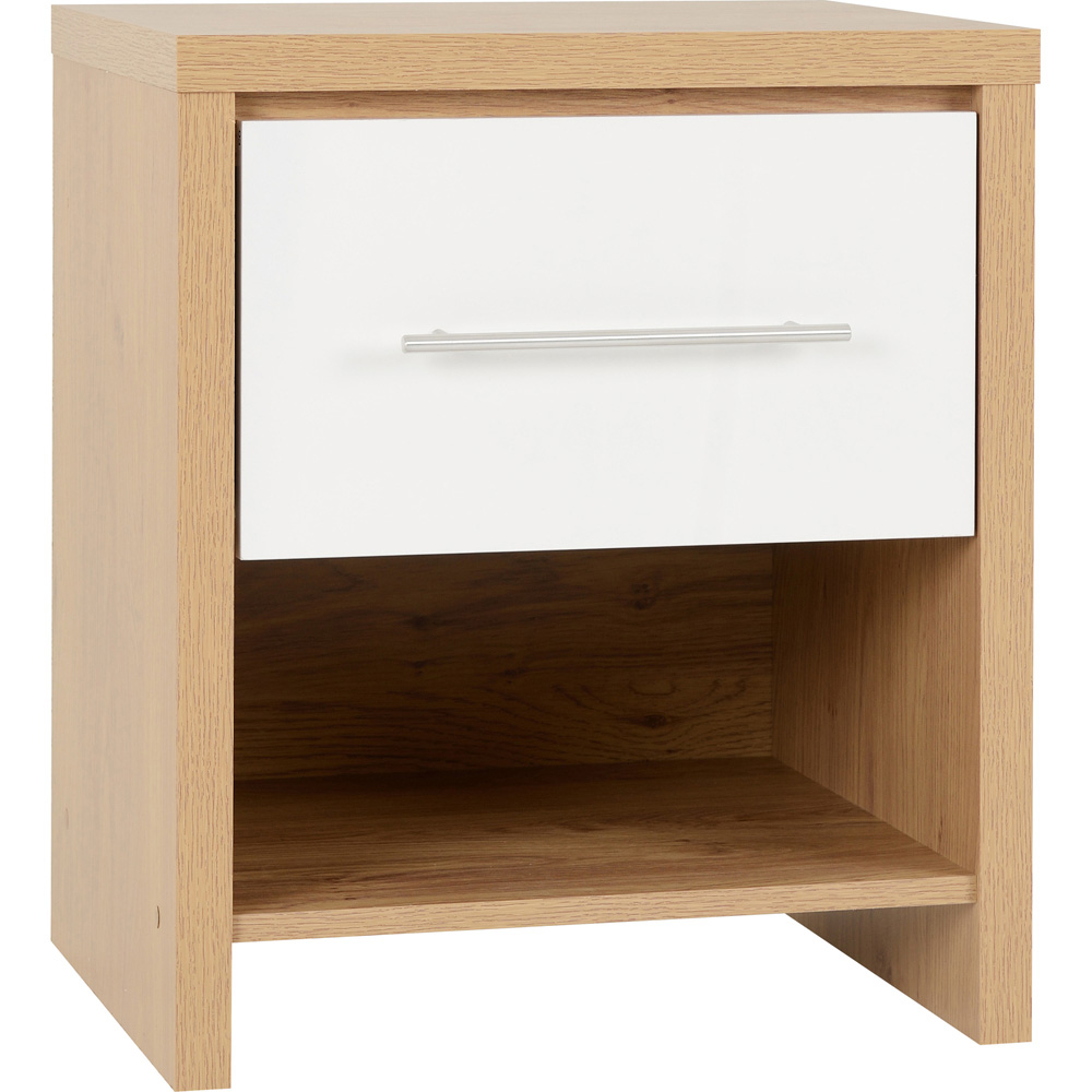 Seconique Seville Single Drawer White Gloss Light Oak Effect Veneer Bedside Table Image 2