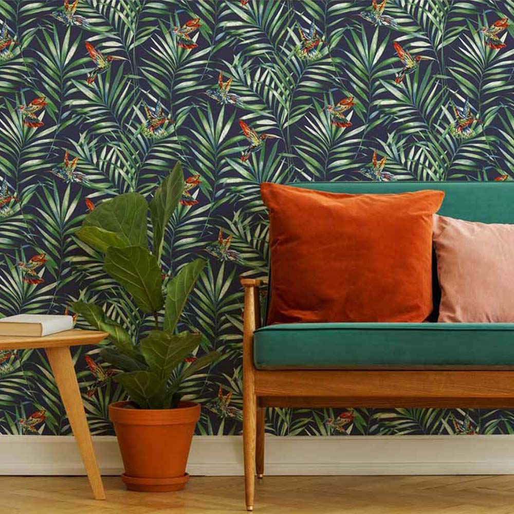 Fresco Hummingbird Navy Tropical Floral Wallpaper Image 3