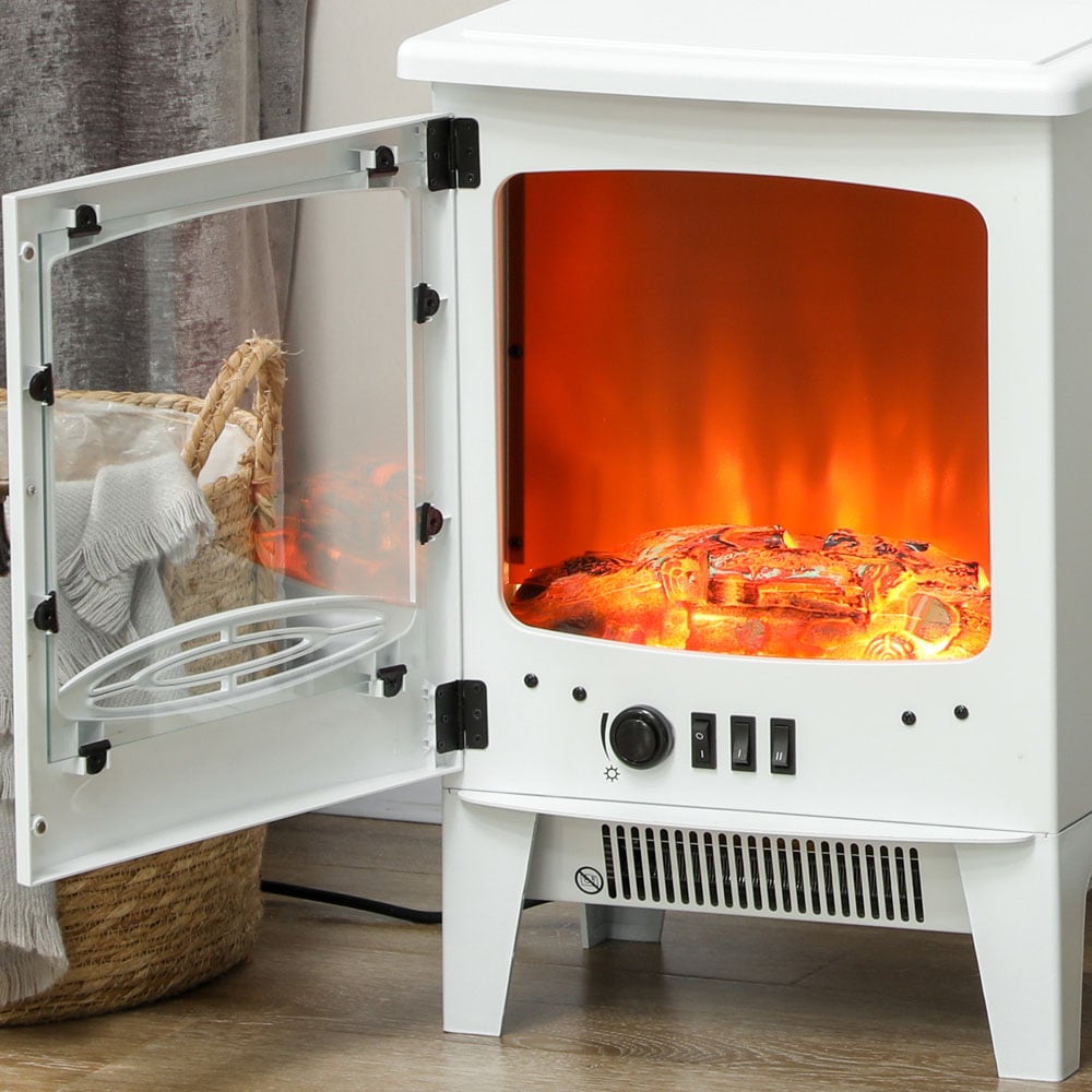 HOMCOM White Freestanding Electric Fireplace Heater with Flame Effect 1850W Image 3