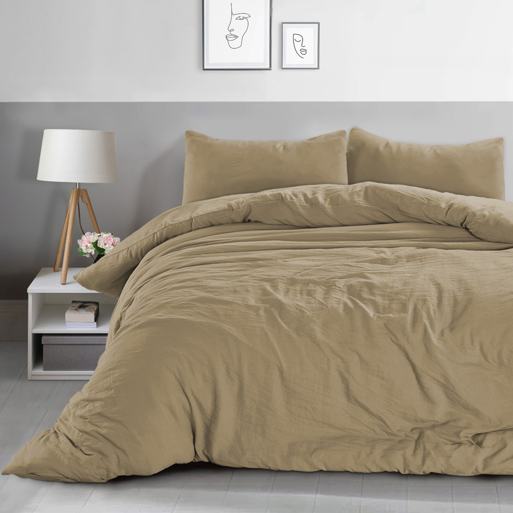 Velosso Washed Linen Look Double Beige Duvet Set Image 1