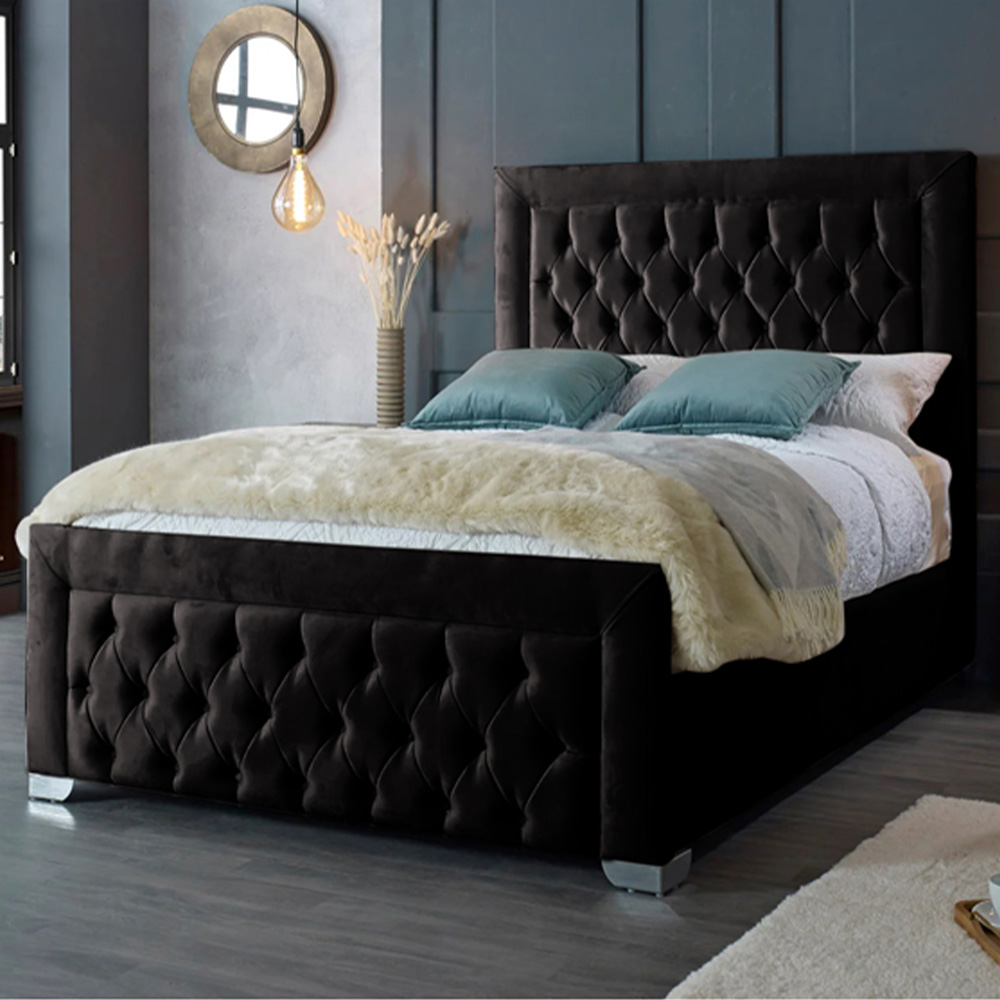 Eleganza Home Gelson Super King Size Black Plush Velvet Bed Frame with Chesterfield Headboard Image 1