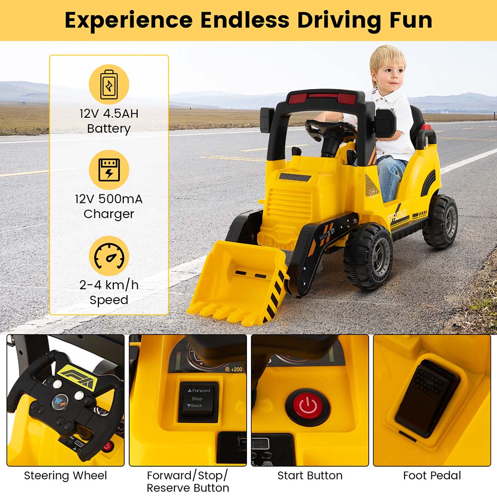 Costway Kids Yellow Ride On Construction Tractor with Electric Bucket and Music 12V Image 5