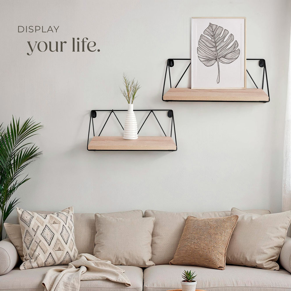 tectake Oak Wall Shelf with Decorative Metal Bracket Set of 2 Image 8