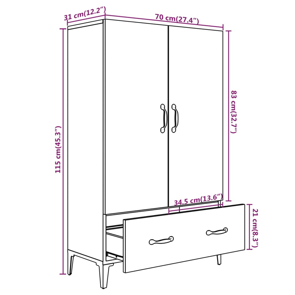 vidaXL 2 Door Single Drawer Concrete Grey Highboard Image 9