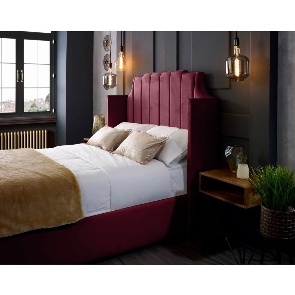 Eleganza Home Nelly Double Maroon Plush Velvet Bed Frame with Winged Headboard Image 2