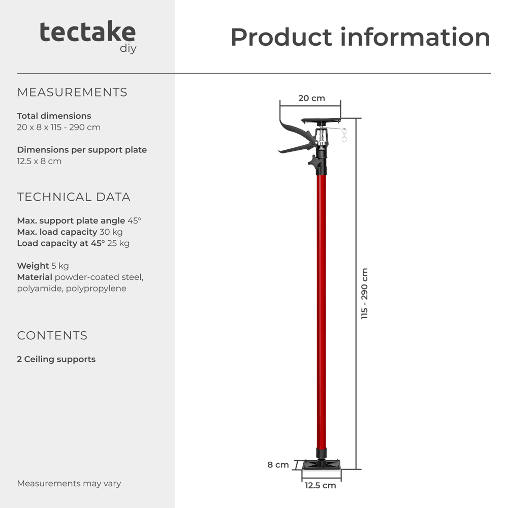 tectake Red Adjustable Ceiling Support Shore Holder Plasterboard Props 115 to 290cm 2 Pack Image 8