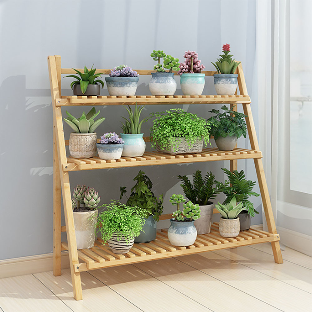 Living and Home 3 Tier Natural Wooden Foldable Ladder Shelf Image 7