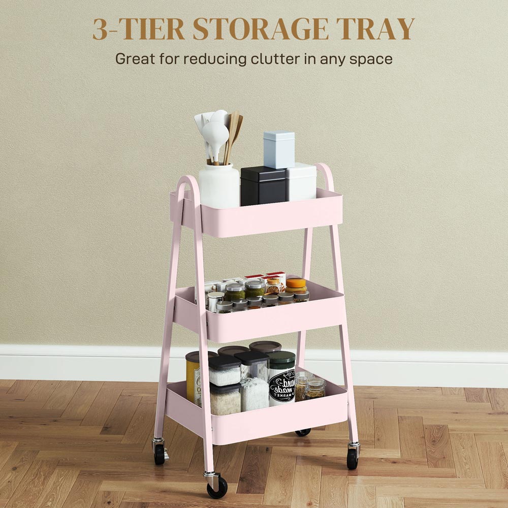 HOMCOM 3-Tier Pink Kitchen Storage Trolley Image 6