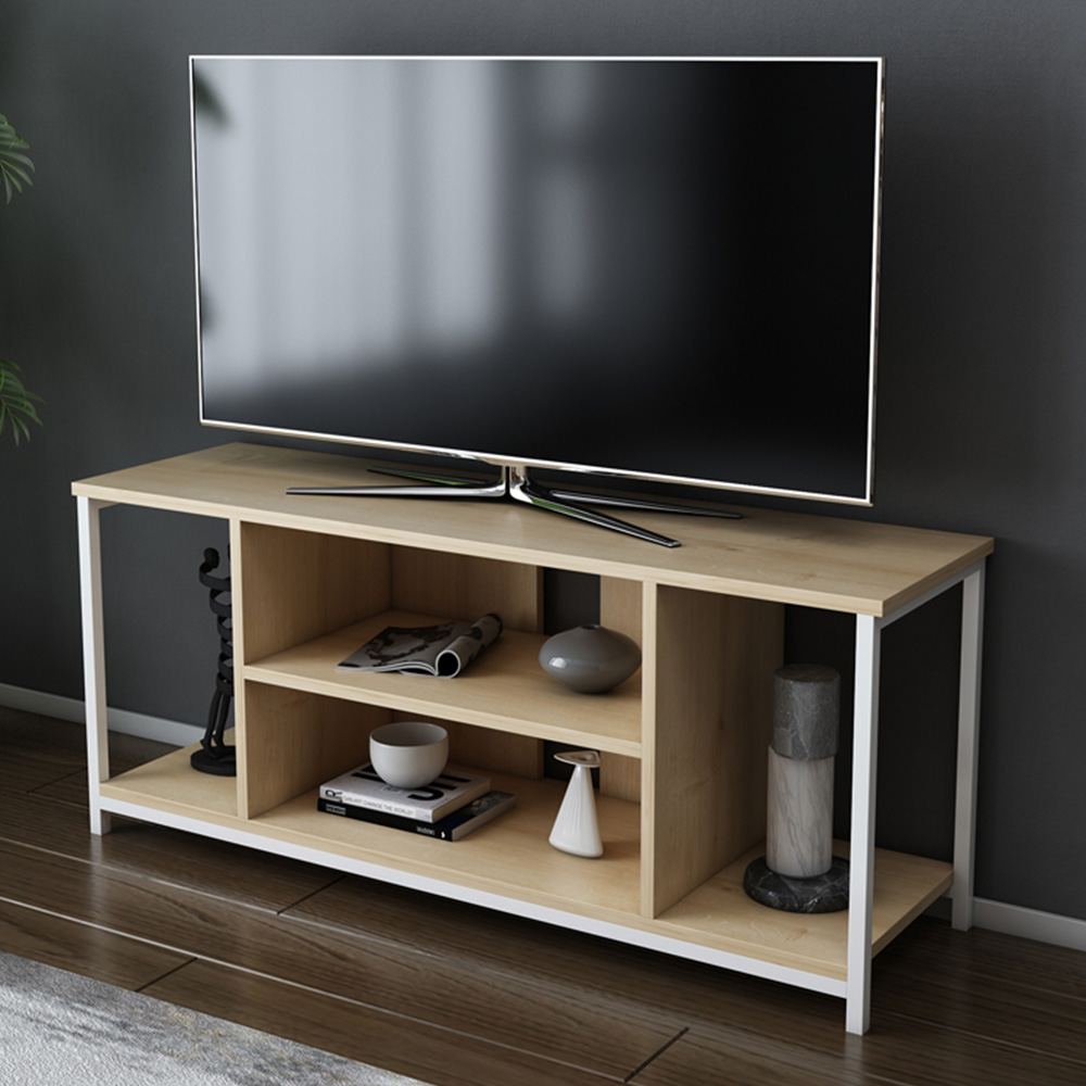Decorotika Rinaldo 4 Open Shelf White and Oak Wide TV Unit Image 1