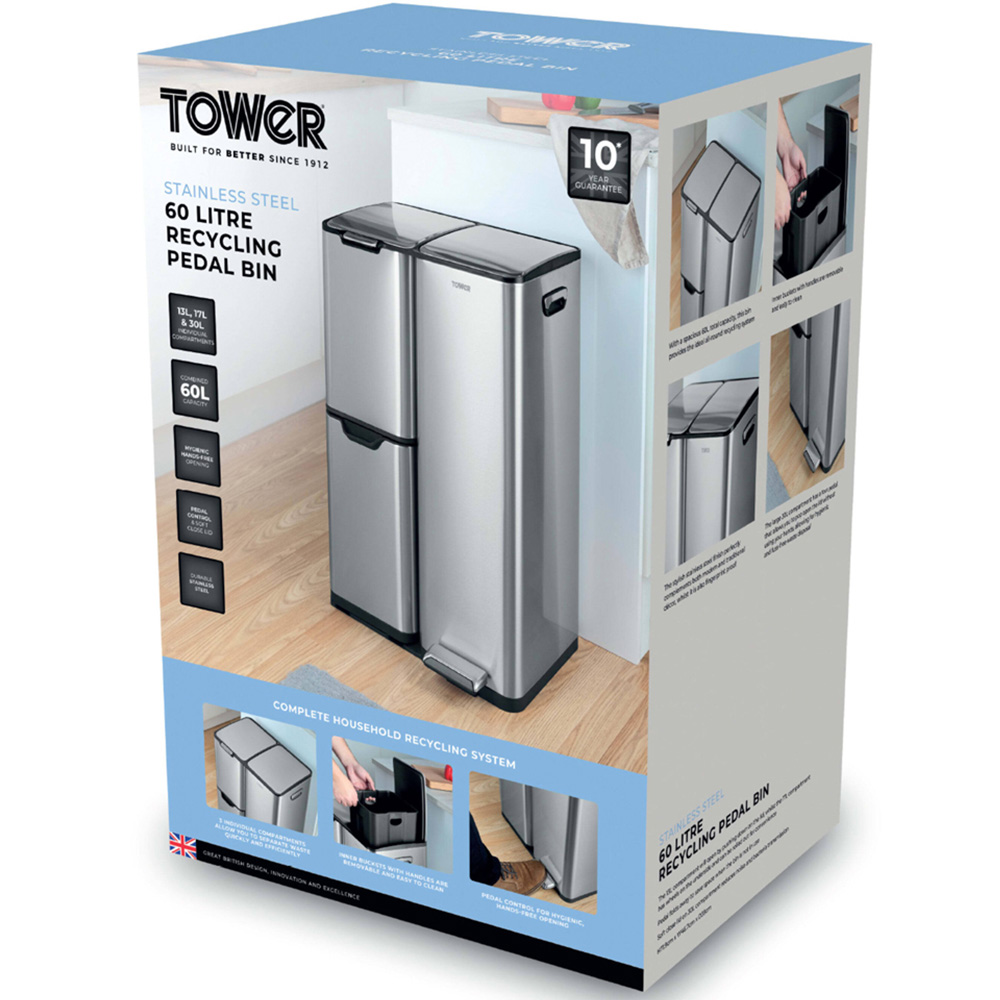 Tower Silver Carbon Steel Triple Recycling Pedal Bin 60L Image 2