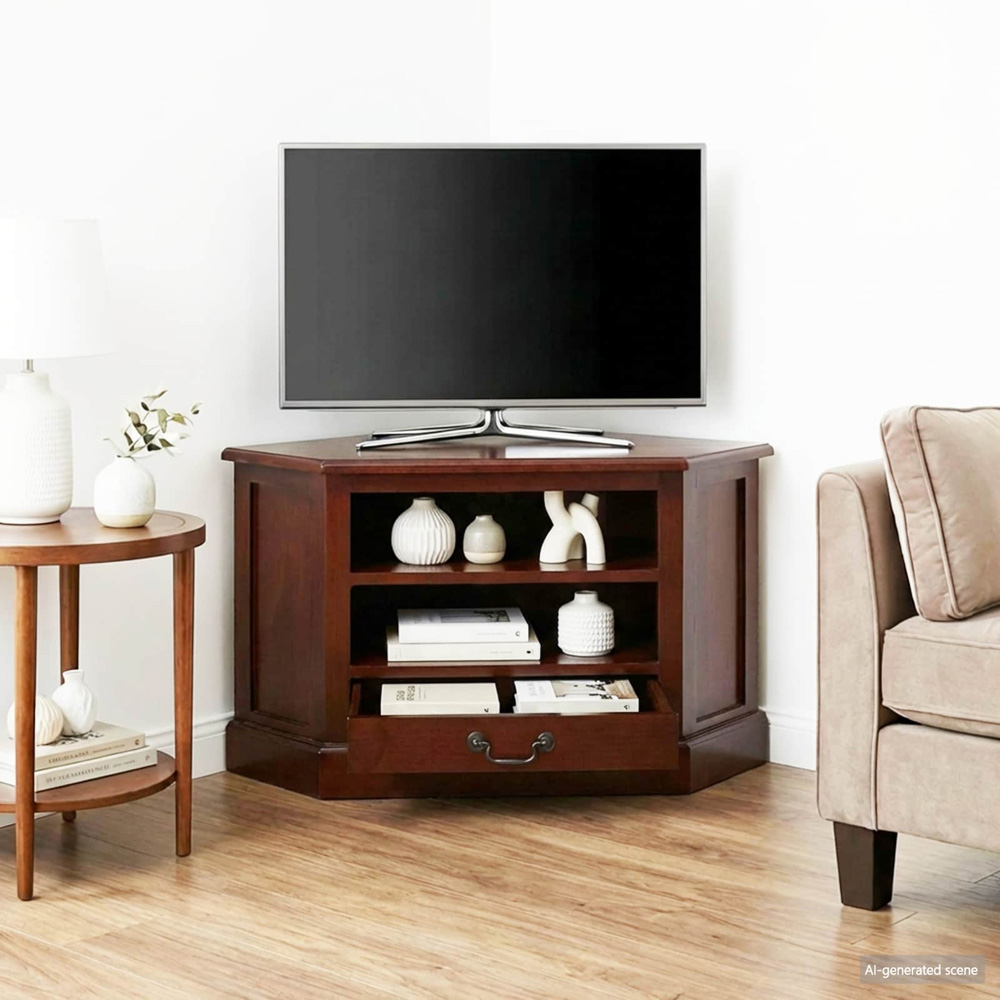 vidaXL Single Drawer 2 Shelf Brown Solid Mahogany Wood Corner TV Cabinet Image 3