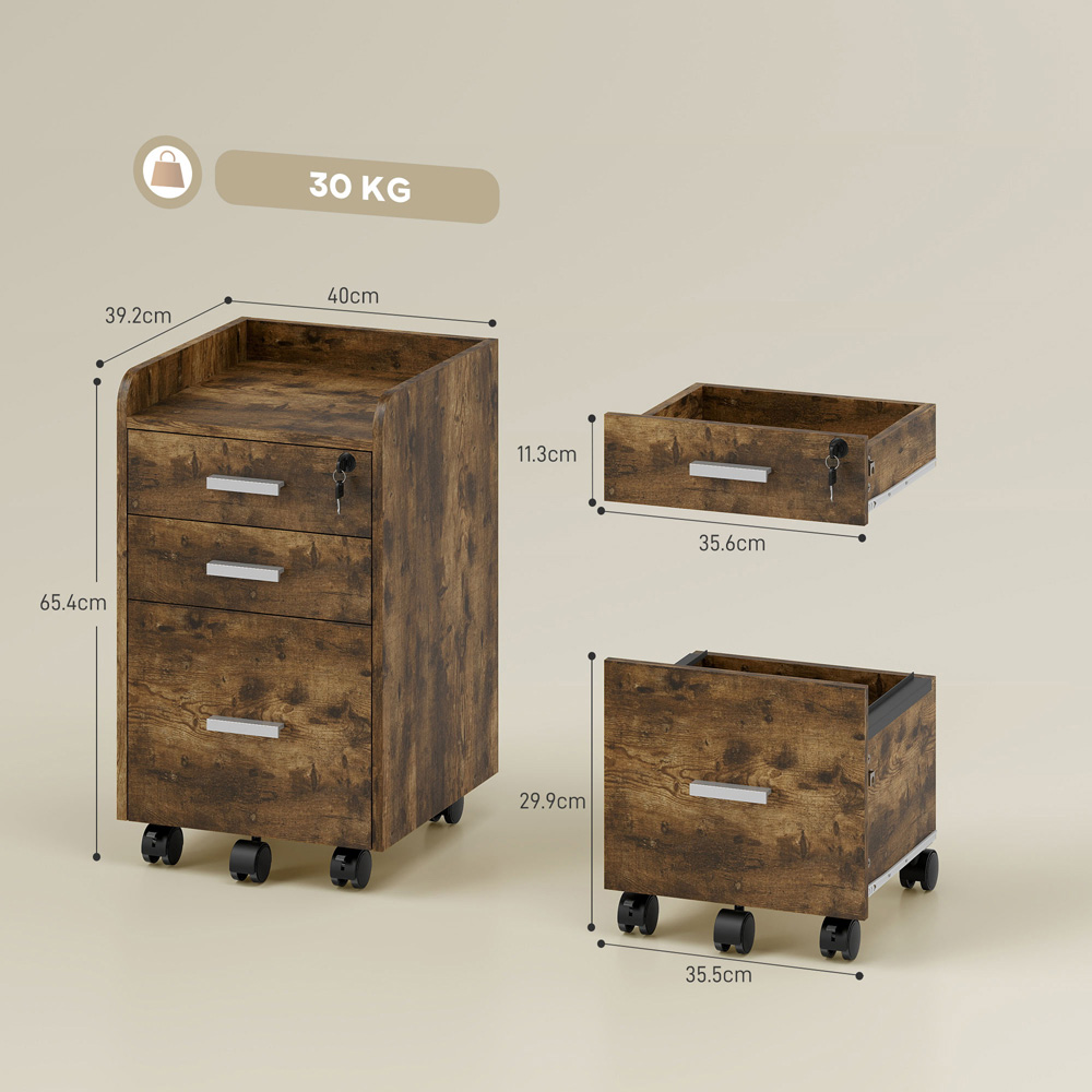 Portland 3 Drawer Rustic Brown Mobile Lockable Filing Cabinet with Keys Image 9
