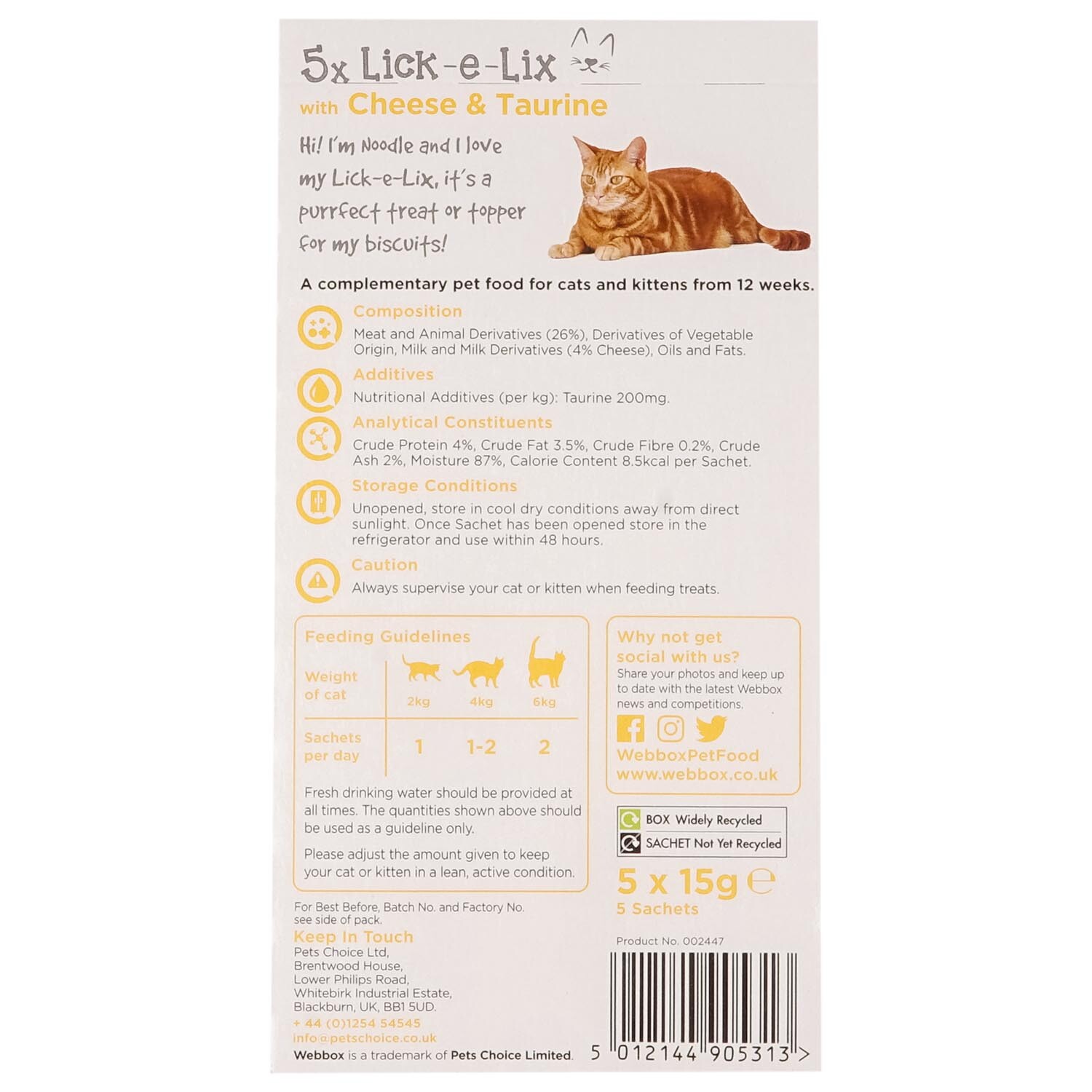 Webbox Lick e Lix Cheese and Taurine Pouch Cat Treat 15g 5 Pack Image 2
