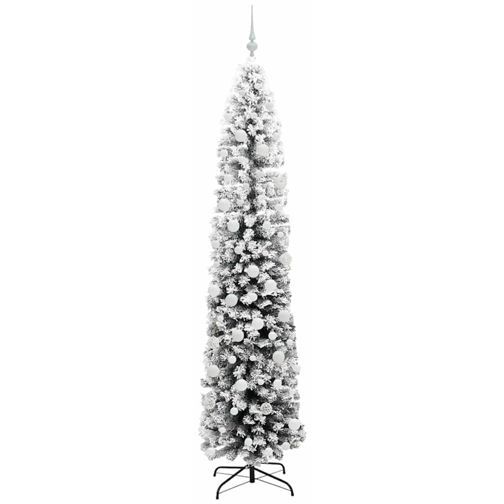 vidaXL 300 LED Pre-Lit White Baubles Green Artificial Snow Flocked Christmas Tree 7ft Image 4
