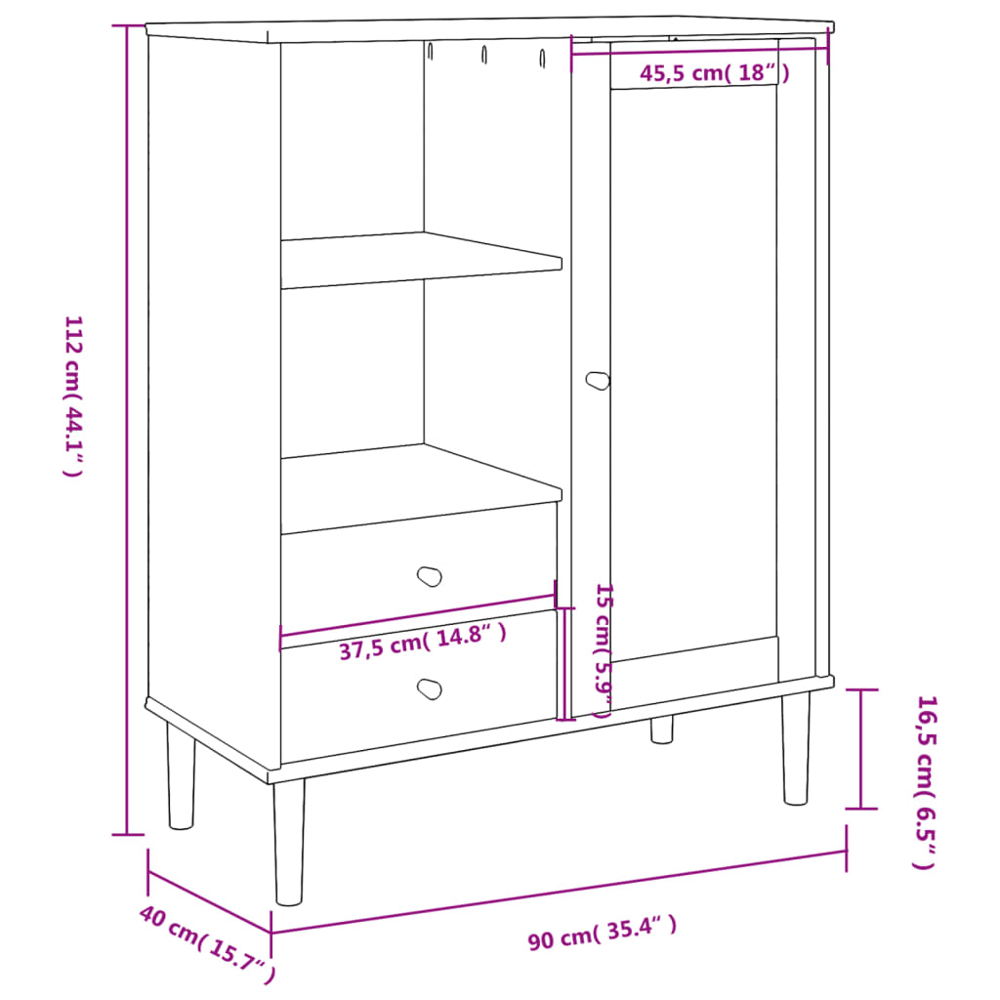 vidaXL Senja Single Door 2 Drawer 2 Shelf White Solid Pine Wood Rattan Look Highboard Image 9