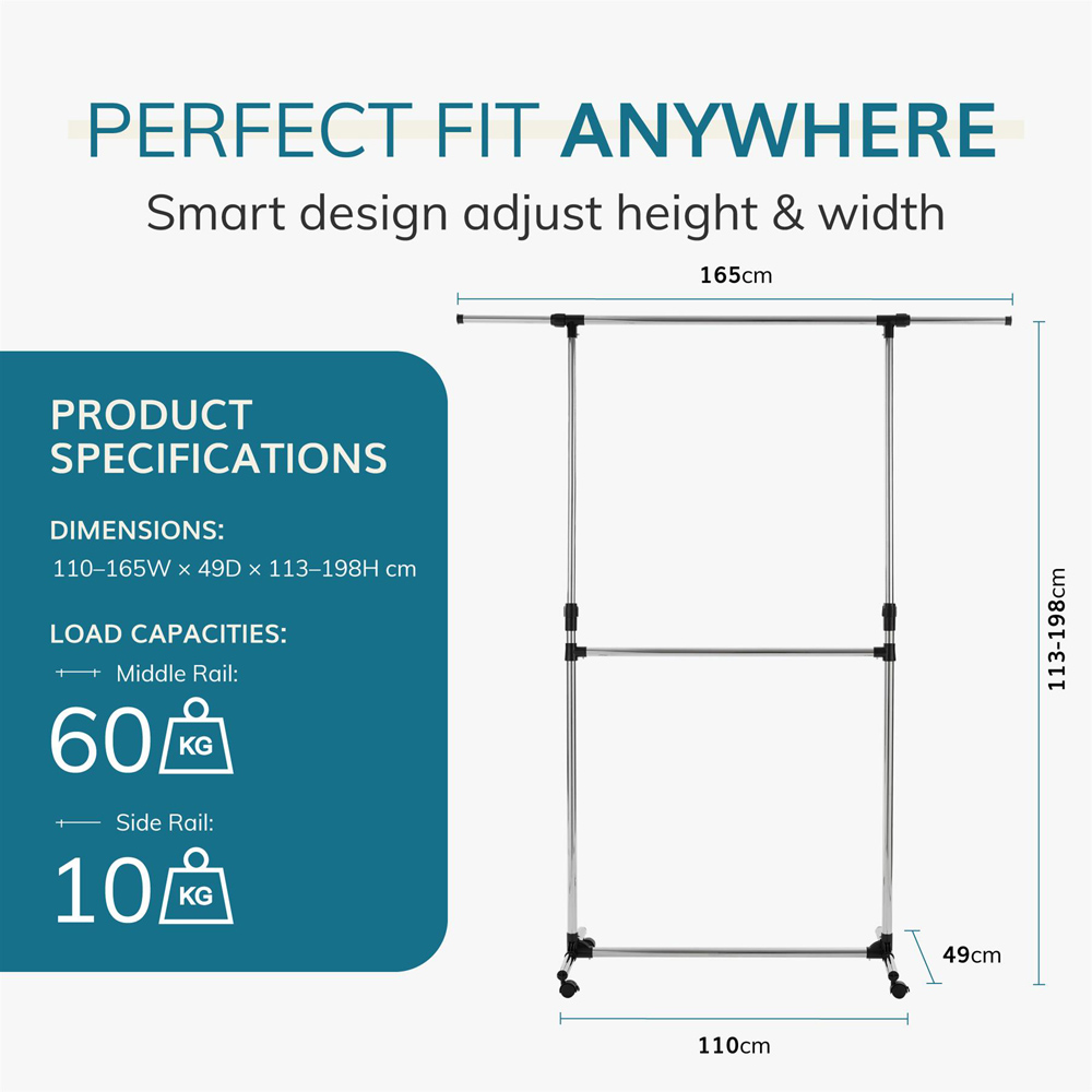 House Of Home Chrome Adjustable Double Clothes Rail Image 9