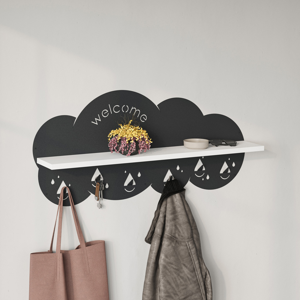 Decortie Cloudy 84cm White Modern Wall Mounted Floating Shelf with 6 Hook Image 4