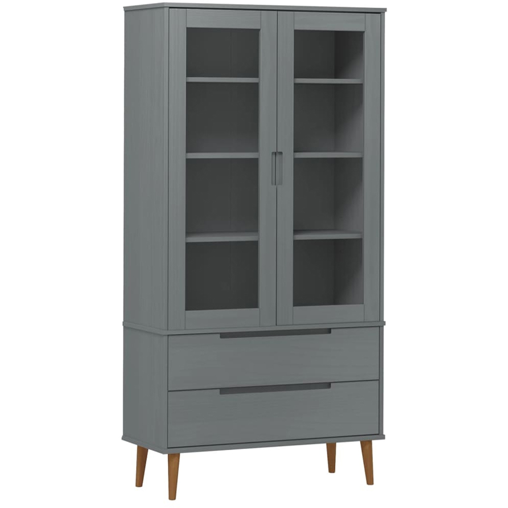 vidaXL 2 Door 2 Drawer 4 Shelf Grey Solid Pine Wood Vitrine Cabinet Image 2