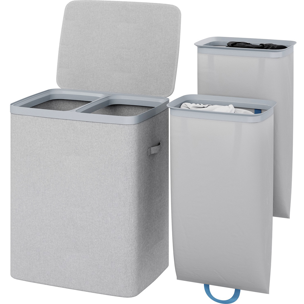 Gr8 Home Grey Double Laundry Separation Hamper Bin with Lid Image 3