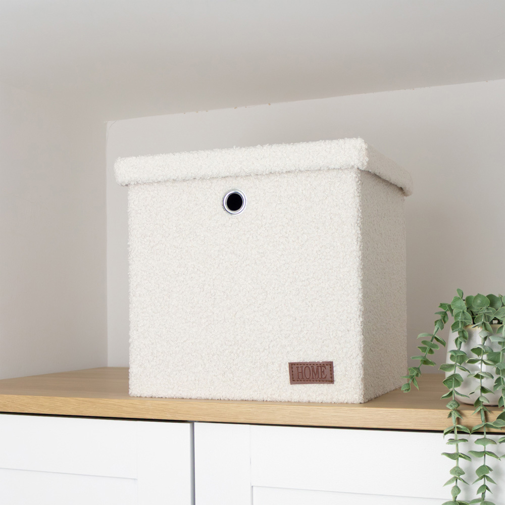 JVL Shiro White Boucle Fabric Foldable Cube Organiser Box with Lid Image 2