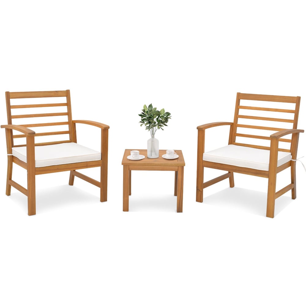Costway 2 Seater Acacia Wood Patio Bistro Set with Cushion White Image 3