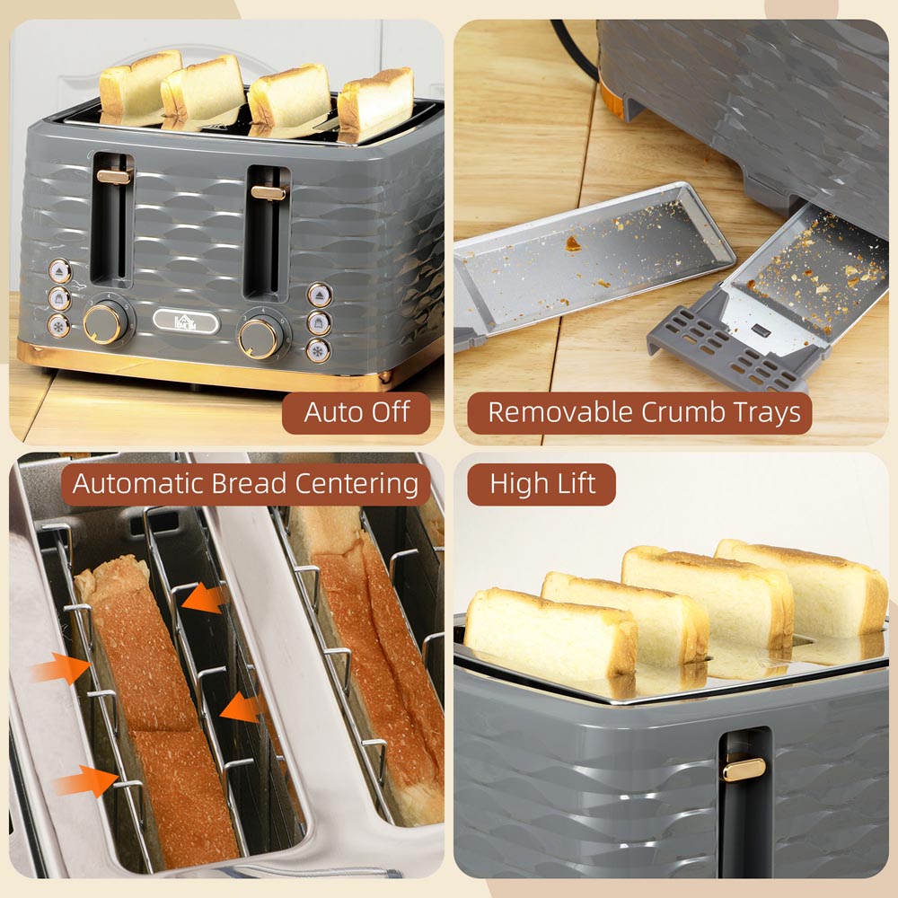 HOMCOM 800-209V70GY Grey Ripple 4 Slot Toaster 1600W Image 8