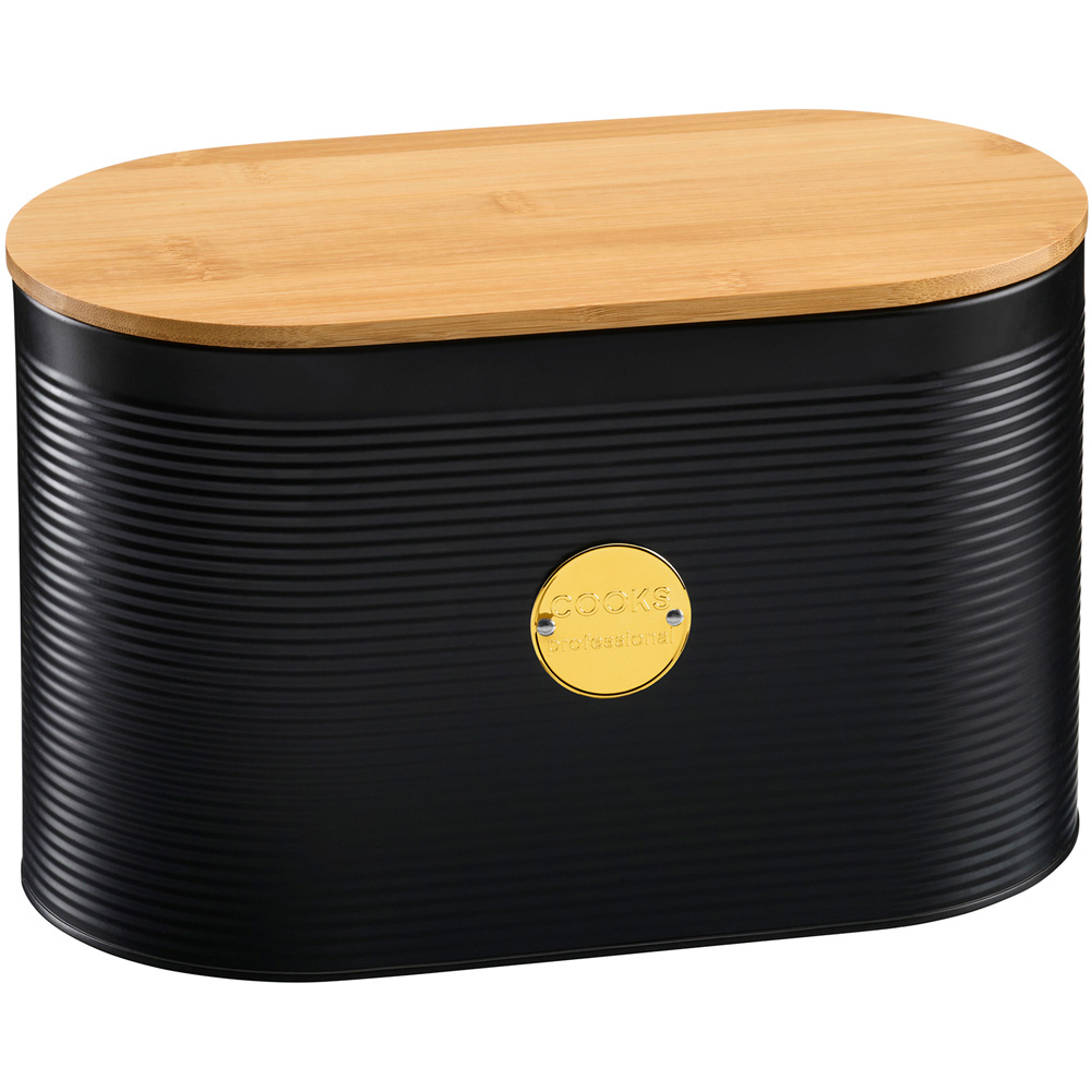 Cooks Professional Black and Gold Ribbed Bread Bin with Linen Bag and Bamboo Lid Image 3