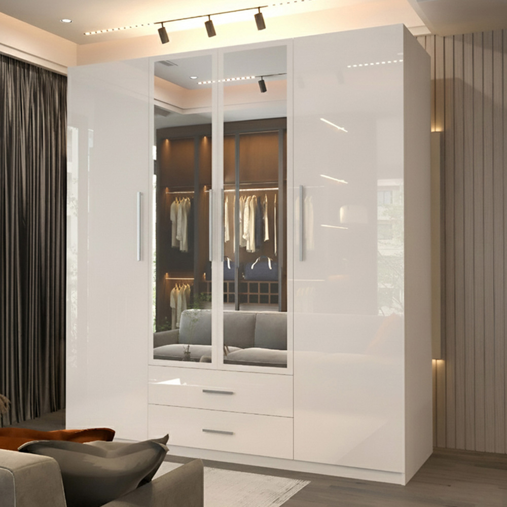 Sliding Wardrobes 4U 4 Door 2 Drawer White High Gloss Hinge Door Wardrobe 160cm Image 1