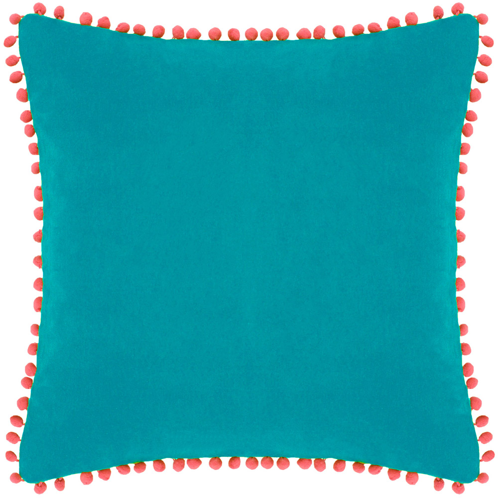 Paoletti Teal and Coral Velvet Touch Pom Pom Cushion Image 1