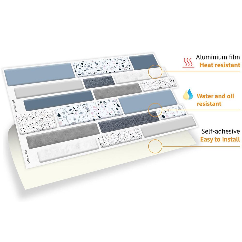 Walplus Terrazzo Silver Touch Blue and Grey Mosaic Tile Sticker 12 Pack Image 5