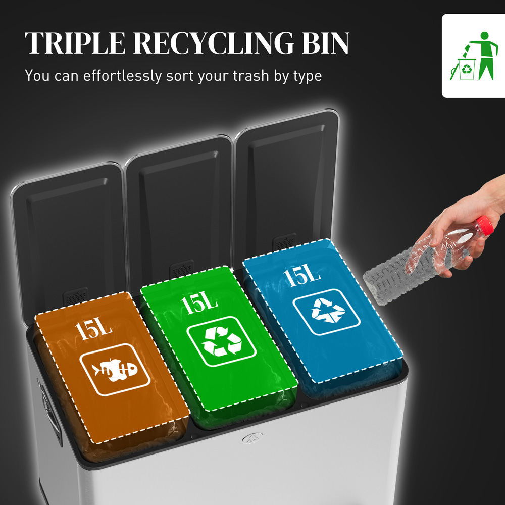 HOMCOM Silver Tone Triple Bin Kitchen Pedal Bin 45L Image 4