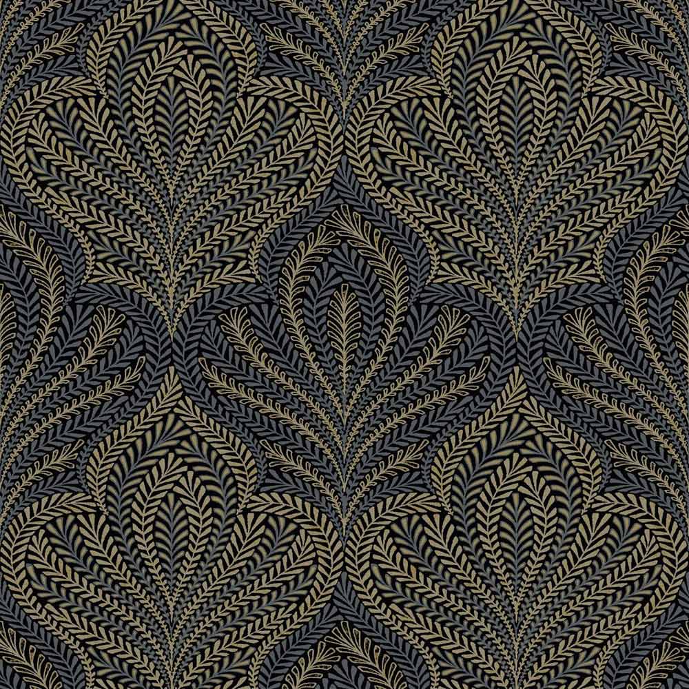 Grandeco Margot Ornamental Filigree Metallic Damask Black Gold Textured Wallpaper Image 1